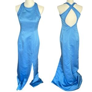 VTG y2k David’s bridal blue formal prom wedding dress high neck beaded slit